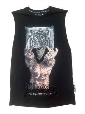 Sz  M Black Sleeveless Graphic cut off Tee with Tiger Mask Design blessed brand